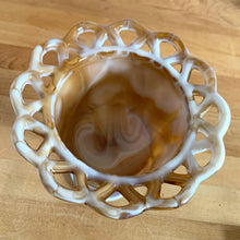 Load image into Gallery viewer, Unique vintage lace edge caramel slag glass pedestal candy dish. Crafted by Imperial Glass, USA, 1964 - 1970. Use as intended or as a planter.  In excellent condition, no chips.  Measures 6 1/4 x 6 1/2 inches

