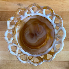 Load image into Gallery viewer, Unique vintage lace edge caramel slag glass pedestal candy dish. Crafted by Imperial Glass, USA, 1964 - 1970. Use as intended or as a planter.  In excellent condition, no chips.  Measures 6 1/4 x 6 1/2 inches
