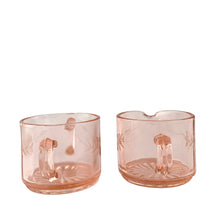 Load image into Gallery viewer, Lancaster pink depression glass creamer and sugar, side angle showing the etched floral design
