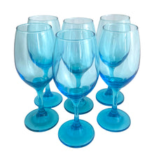 Load image into Gallery viewer, Set of six Libbey Laser Blue LRS60 wine glasses clustered in a pyramid, front angled view showing rims, rounded bowls, slender stems, and round bases
