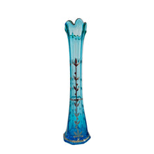 Load image into Gallery viewer, Striking vintage hand blown laser blue swung art glass vase with silver overlay in a leaf or branch  motif with silver at the rim. Maker unknown, possibly Fenton in collaboration with Silver City, USA, circa 1950s. A stunning piece for the mid-century glass collector!  In used vintage condition, free from chips, minor damage to silver overlay on one leaf as shown and a slight cloudiness to the glass does not detract from the beauty of this piece.  Measures 2 5/8 x 11 3/8 inches   
