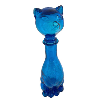 Large vintage laser blue figural cat Empoli glass decanter. Crafted in Italy, circa 1960s. A striking piece of mid-century decor!  The glass is in excellent condition, free form chips/cracks/wear. The gasket is present in as found condition. There are bubbles in the glass typical of the manufacturing process.  Measures 4 x 4 1/2 x 14 1/2 inches