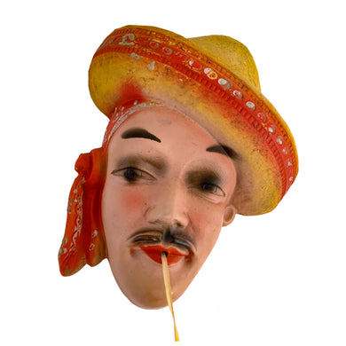 Charming and scarce, this vintage chalkware wall hung string holder featuring a handsome Latin American man wearing a red and yellow sombrero and scarf was a pleasure to find in such amazing condition! Dates to the 1940s. A wonderfully decorative piece!  In excellent vintage condition with minor wear to the paint, no chips/cracks/repairs.  Measures 6 1/4 x 2 3/4 x 7 3/8 inches