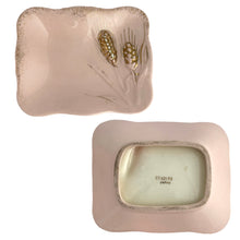 Load image into Gallery viewer, Pair of matching Lefton pink porcelain trays with gold gilt trim and wheat design, 4.75 inches each
