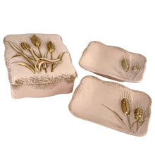 Load image into Gallery viewer, Vintage 1950s Lefton pink and gold vanity set with trinket box and two trays, model CS 40190, Japanese porcelain

