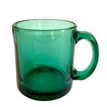 Load image into Gallery viewer, Elevated side view, handle facing right with rectangular D-shaped profile, deep teal-green transparent glass, thick base
