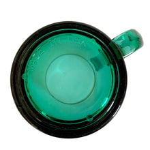 Load image into Gallery viewer, Base view showing "MADE IN USA" embossed in arc around base, teal glass, handle at right
