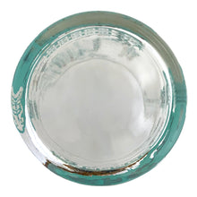Load image into Gallery viewer, Base view of Libbey Glass Chinoiserie ice bucket showing the open rim with turquoise and gold decoration around the edge and clear glass base, Canada 1950s–60s
