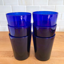 Load image into Gallery viewer, Six vintage Libbey Flare cobalt blue old fashioned tumblers stacked in two columns of three
