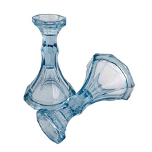 Load image into Gallery viewer, Pair of tall vintage dark blue &quot;Virginia&quot; pressed glass single lite candle holders. Crafted by Fostoria Glass, USA, 1980 - 1986. A beautiful way to add ambience to your home decor.  In excellent condition, new old stock, free from chips.  Measures 3 7/8 x 6 inches

