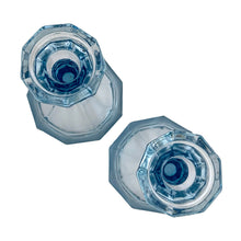 Load image into Gallery viewer, Pair of tall vintage dark blue &quot;Virginia&quot; pressed glass single lite candle holders. Crafted by Fostoria Glass, USA, 1980 - 1986. A beautiful way to add ambience to your home decor.  In excellent condition, new old stock, free from chips.  Measures 3 7/8 x 6 inches
