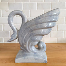 Load image into Gallery viewer, Vintage mid-century era lilac drip glaze ceramic swan vase. Crafted by Gonder Pottery, 1950s. A graceful piece to add to your art pottery collection and home decor!

In excellent condition, no chips/cracks/repairs, age-related crazing and interior hard water stains.

Measures 9 1/2 x 4 x 9 1/8 inches

