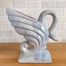 Load image into Gallery viewer, Vintage mid-century era lilac drip glaze ceramic swan vase. Crafted by Gonder Pottery, 1950s. A graceful piece to add to your art pottery collection and home decor!

In excellent condition, no chips/cracks/repairs, age-related crazing and interior hard water stains.

Measures 9 1/2 x 4 x 9 1/8 inches
