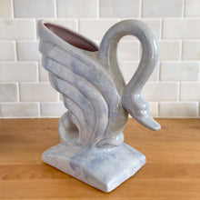 Load image into Gallery viewer, Vintage mid-century era lilac drip glaze ceramic swan vase. Crafted by Gonder Pottery, 1950s. A graceful piece to add to your art pottery collection and home decor!

In excellent condition, no chips/cracks/repairs, age-related crazing and interior hard water stains.

Measures 9 1/2 x 4 x 9 1/8 inches
