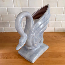 Load image into Gallery viewer, Vintage mid-century era lilac drip glaze ceramic swan vase. Crafted by Gonder Pottery, 1950s. A graceful piece to add to your art pottery collection and home decor!

In excellent condition, no chips/cracks/repairs, age-related crazing and interior hard water stains.

Measures 9 1/2 x 4 x 9 1/8 inches
