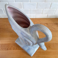Load image into Gallery viewer, Vintage mid-century era lilac drip glaze ceramic swan vase. Crafted by Gonder Pottery, 1950s. A graceful piece to add to your art pottery collection and home decor!

In excellent condition, no chips/cracks/repairs, age-related crazing and interior hard water stains.

Measures 9 1/2 x 4 x 9 1/8 inches
