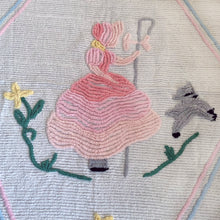 Load image into Gallery viewer, Lovely vintage Little Bo Peep and her sheep themed chenille cotton bedspread with tufted design in shades of pink, yellow, blue, green, gray, black and white. This classic shabby chic bed covering is perfect to enhance your nursery core decor!

In excellent condition, no stains or tears.

Measures 40 1/2 x 64 inches
