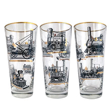 Load image into Gallery viewer, Set of seven vintage pint glasses featuring black, white and gold locomotive trains. Crafted by Libbey Glass, circa 1950s. A great addition to your barware collection or perfect for the train enthusiast!  In excellent condition, no chips. Marked on the bottom with the Libbey &quot;L&quot;.  Measures 3 1/8 x 6 1/2 inches  Capacity 16 ounces
