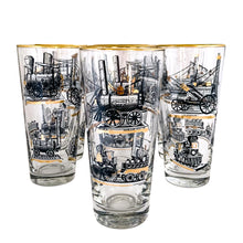 Load image into Gallery viewer, Set of seven vintage pint glasses featuring black, white and gold locomotive trains. Crafted by Libbey Glass, circa 1950s. A great addition to your barware collection or perfect for the train enthusiast!  In excellent condition, no chips. Marked on the bottom with the Libbey &quot;L&quot;.  Measures 3 1/8 x 6 1/2 inches  Capacity 16 ounces
