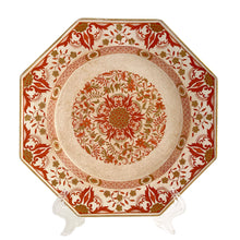 Load image into Gallery viewer, Beautiful antique &quot;London&quot; octagonal porcelain dinner plate featuring florals and flourishes in rusty orange and gold, rimmed in gold gilt. Crafted by Minton, England, circa 1891-1912. Perfect as a replacement piece or use as artwork to enhance your home decor. Free from chips, crazing and staining present.
