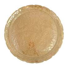 Load image into Gallery viewer, Pretty vintage &quot;Louisa&quot; Floragold 13&quot; glass serving tray featuring a lovely floral pattern and scalloped edge. Crafted by Jeannette Glass, USA, circa 1950s. A beautiful large plate for serving sandwiches and desserts.  In excellent condition, free from chips.  Measures 13 1/2 inches   
