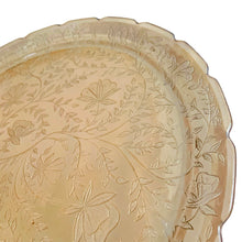 Load image into Gallery viewer, Pretty vintage &quot;Louisa&quot; Floragold 13&quot; glass serving tray featuring a lovely floral pattern and scalloped edge. Crafted by Jeannette Glass, USA, circa 1950s. A beautiful large plate for serving sandwiches and desserts.  In excellent condition, free from chips.  Measures 13 1/2 inches   

