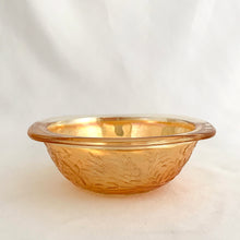 Load image into Gallery viewer, A pretty  vintage Floragold &quot;Louisa&quot; square bowl, with a lovely floral motif. Produced by Jeannette Glass, USA, circa 1950.  In vintage condition, some flea nicks on the rims.  Measures 4 1/2 x 4 1/2 x 1 1/2 inches

