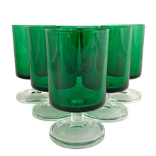 Load image into Gallery viewer, Luminarc Cavalier green wine glasses, styled lifestyle shot showing full set, 1970s French vintage stemware
