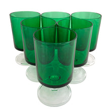 Load image into Gallery viewer, Luminarc Cavalier green wine glasses set of six, full set arranged together, Cristal d'Arques France, 1970s vintage stemware
