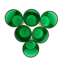 Load image into Gallery viewer, Overhead view of set of six Luminarc Cavalier green wine glasses, showing uniform colour and condition, 1970s French vintage
