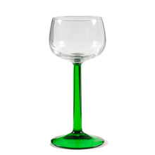 Load image into Gallery viewer, A vintage mod elegant Luminarc &quot;Emerald&quot; green stemmed hock wine glass. Produced by J.G. Durand Cristal d&#39;Arques in France, circa 1960s. The vibrancy of the straight stems will add that perfect pop of colour to your tablescape. Cheers!  In excellent condition free from chips or cracks. Marked &quot;luminarc FRANCE&quot; on the bottom.  Measures 2 3/4 x 6 1/2 inches  Capacity 5 ounces  We have 5 in stock, priced individually.  
