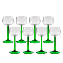 Load image into Gallery viewer, Set of eight vintage mod Luminarc Emerald green stemmed hock wine glass. Crafted by J.G. Durand Cristal d&#39;Arques in France, 1960s. Adds that perfect pop of colour to your barware.

In excellent condition, no chips . Marked luminarc FRANCE.

Measures 2 3/4 x 6 1/2 inches

Capacity 5 ounces
