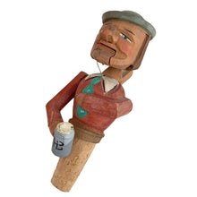 Load image into Gallery viewer, Vintage mid-century era novelty hand carved wood folk art beer drinking man bottle stopper. Designed to fit a standard bottle. Crafted by Arni, Italy, 1950s. The perfect addition to your barware!

In good condition.

Measures 5 inches
