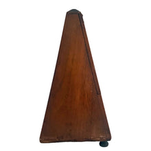 Load image into Gallery viewer, Classic obelisk shaped antique mahogany cased Metronome with brass fittings. Designed and patented by Maëlzel and manufactured by Paquet, France, early 20th century. Serial number 353.455. The brass plate on the cover reads, Paris, France, Angleterre, Amérique, Hollande, Belgique. Remove the cover to reveal the steel timing arm and tempo scale against a dark stained background.
