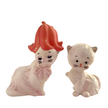 Load image into Gallery viewer, Vintage mama cat and kitten ceramic salt and pepper shakers with stoppers. Japan, 1970s. Imported by Enterprise Exclusive Canada. Add these adorable kitschy shakers to your collection!

In excellent condition, no chips/cracks/repairs.

Mama cat measures 3 x 1 1/2 x 3 1/2 inches

Baby cat measures 1 3/4 x 1 1/8 x 2 3/8 inches
