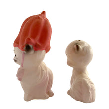 Load image into Gallery viewer, Vintage mama cat and kitten ceramic salt and pepper shakers with stoppers. Japan, 1970s. Imported by Enterprise Exclusive Canada. Add these adorable kitschy shakers to your collection!

In excellent condition, no chips/cracks/repairs.

Mama cat measures 3 x 1 1/2 x 3 1/2 inches

Baby cat measures 1 3/4 x 1 1/8 x 2 3/8 inches
