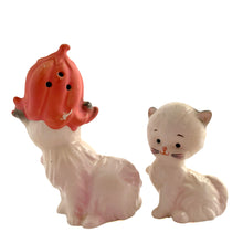 Load image into Gallery viewer, Vintage mama cat and kitten ceramic salt and pepper shakers with stoppers. Japan, 1970s. Imported by Enterprise Exclusive Canada. Add these adorable kitschy shakers to your collection!

In excellent condition, no chips/cracks/repairs.

Mama cat measures 3 x 1 1/2 x 3 1/2 inches

Baby cat measures 1 3/4 x 1 1/8 x 2 3/8 inches
