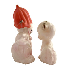 Load image into Gallery viewer, Vintage mama cat and kitten ceramic salt and pepper shakers with stoppers. Japan, 1970s. Imported by Enterprise Exclusive Canada. Add these adorable kitschy shakers to your collection!

In excellent condition, no chips/cracks/repairs.

Mama cat measures 3 x 1 1/2 x 3 1/2 inches

Baby cat measures 1 3/4 x 1 1/8 x 2 3/8 inches
