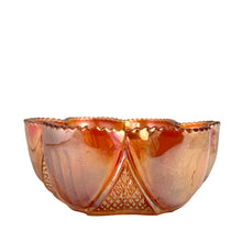 Load image into Gallery viewer, Front view of antique Sowerby marigold carnival glass bowl showing iridescent hobstar and cut triangles pressed glass pattern, England, 1920s
