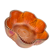Load image into Gallery viewer, Angled overhead view of antique Sowerby marigold carnival glass bowl interior showing ribbed sunburst pattern and concentric circle base, England, 1920s
