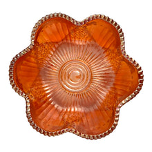 Load image into Gallery viewer, Overhead view of antique Sowerby marigold carnival glass bowl showing full ribbed sunburst interior with hobstar accents and beaded sawtooth rim, England, 1920s
