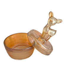 Load image into Gallery viewer, Vintage marigold carnival glass powder jar shown open, Jeannette Glass, iridescent interior detail
