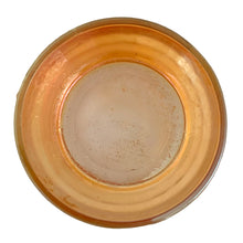 Load image into Gallery viewer, Overhead rim detail of bottom half of vintage Jeannette Glass marigold carnival glass deer fawn lidded powder jar, styled vintage home decor accent piece
