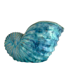 Load image into Gallery viewer, Side view of vintage nautilus shell planter showing organic ridged texture and blue glaze
