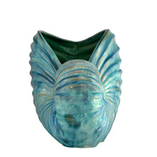 Load image into Gallery viewer, back view of vintage nautilus shell planter interior with marine blue drip glaze
