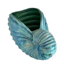 Load image into Gallery viewer, Top angle view of vintage nautilus shell planter showing organic ridged texture and blue glaze
