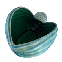 Load image into Gallery viewer, Opening view of vintage nautilus shell planter showing organic ridged texture and blue glaze
