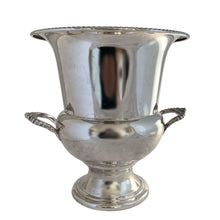 Load image into Gallery viewer, Opposite back view of Marlboro Plate champagne bucket showing pedestal base, rope rim detail, and decorative side handles, 1945-88 Canadian silver plate
