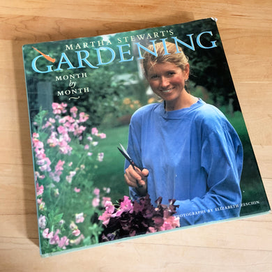 What's gardening season without a little of Martha Stewart's expertise to give your garden a boost? Create your own unique garden with the help of Martha Stewart Gardening Month by Month hardcover book. This book is jam-packed full of informative details, photographs, illustrations and recipes.  This copy is a First Edition printed in 1991 by Clarkson N. Potter, NYC and printed in Japan.  The interior is in like new condition. Minor wear to the jacket cover. 160 pages. English.