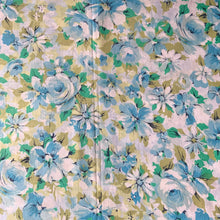 Load image into Gallery viewer, Vintage Marvelaire Moon Flower flat double bed sheet featuring a flower power design in shades of blue, green, white and black. 50% polyester / 50% cotton. Crafted by Springmaid, USA, 1970 - 1972s. A beautiful addition to your retro bedding decor, or repurpose for crafting.

In excellent vintage condition, no stains/tears. Colours are vibrant.

Measures 79 x 98 inches
